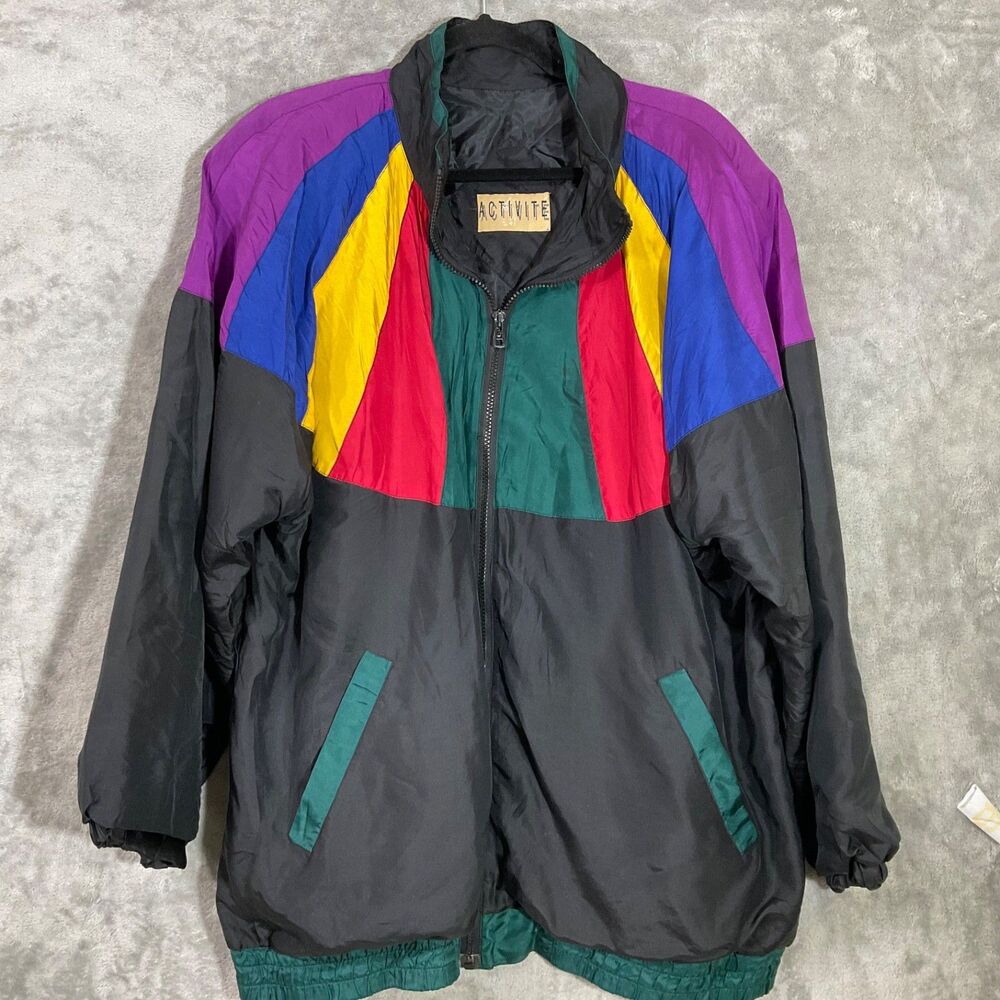 Activite 100% Silk VTG. 80's-90's. Full Zip Technicolors Bomber Jacket Women 2X